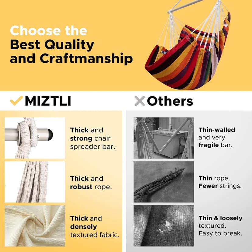 MIZTLI Hammock Chair Swing Indoor Hammock for Bedroom - Max 500 Lbs－Steel Spreader Bar with Anti-Slip Rings-Indoor & Outdoor