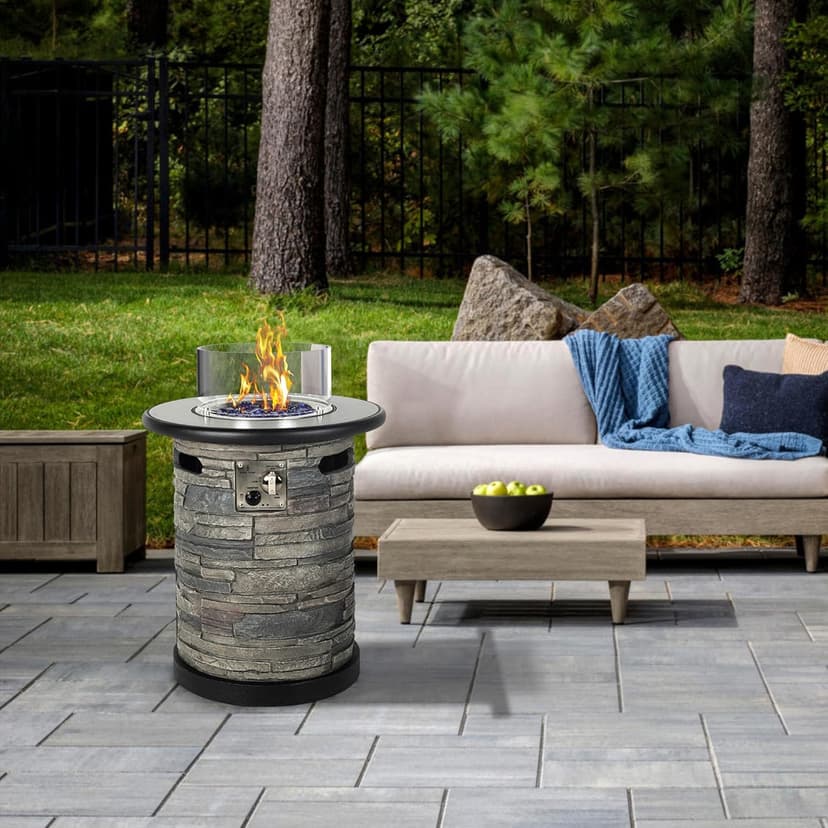 Outdoor Gas Propane Fire Pit Table, Round Porcelain Tile Top 22" Fire Bowl Column W/ 40,000 BTU Firepit Table Auto-Ignition 400D Cover Glass Rocks for Outside Patio