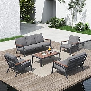 Soleil Jardin Aluminum Patio Furniture Set with FSC Certified Solid Wood Top Armrest & Coffee Table, Outdoor Deep Seating Sectional Sofa, 5 Piece Conversation Sets w/Removable Cushion, Dark Grey