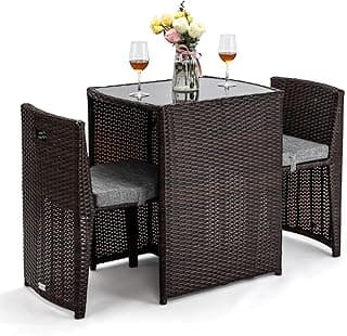 Bonnlo 3 PCS Wicker Outdoor Patio Bistro Set, Patio Furniture Set for Small Space with Glass Top Table Dining Chairs, Balcony Furniture Patio Table and Chairs Set of 2 for Garden Yard Porch (Brown)
