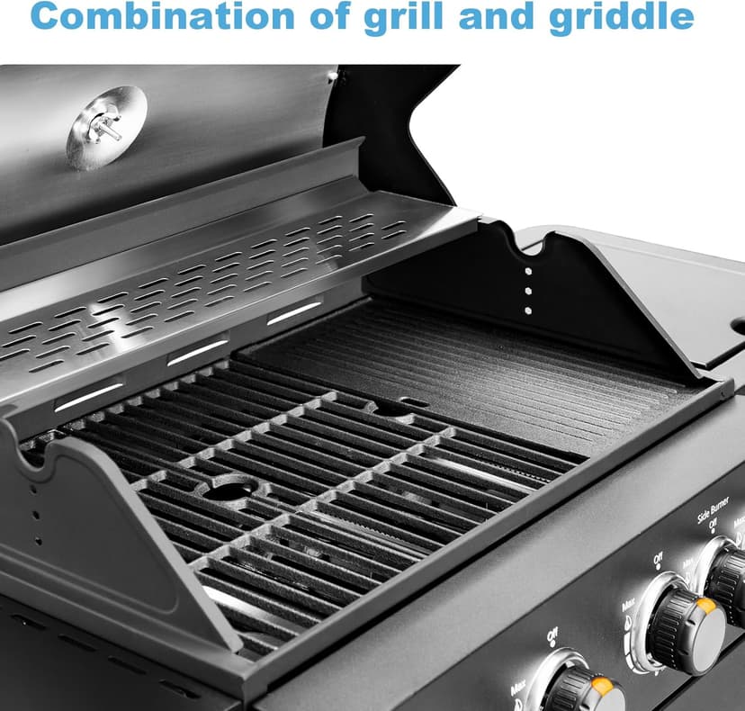 2 in 1 Propane Gas BBQ Grill with Side Burner & Porcelain-Enameled Cast Iron Grate, 4-Burner Flat Top Grill, 46,700 BTU Outdoor Barbecue Propane Griddle Grill Combo for Camping, Patio, Backyard