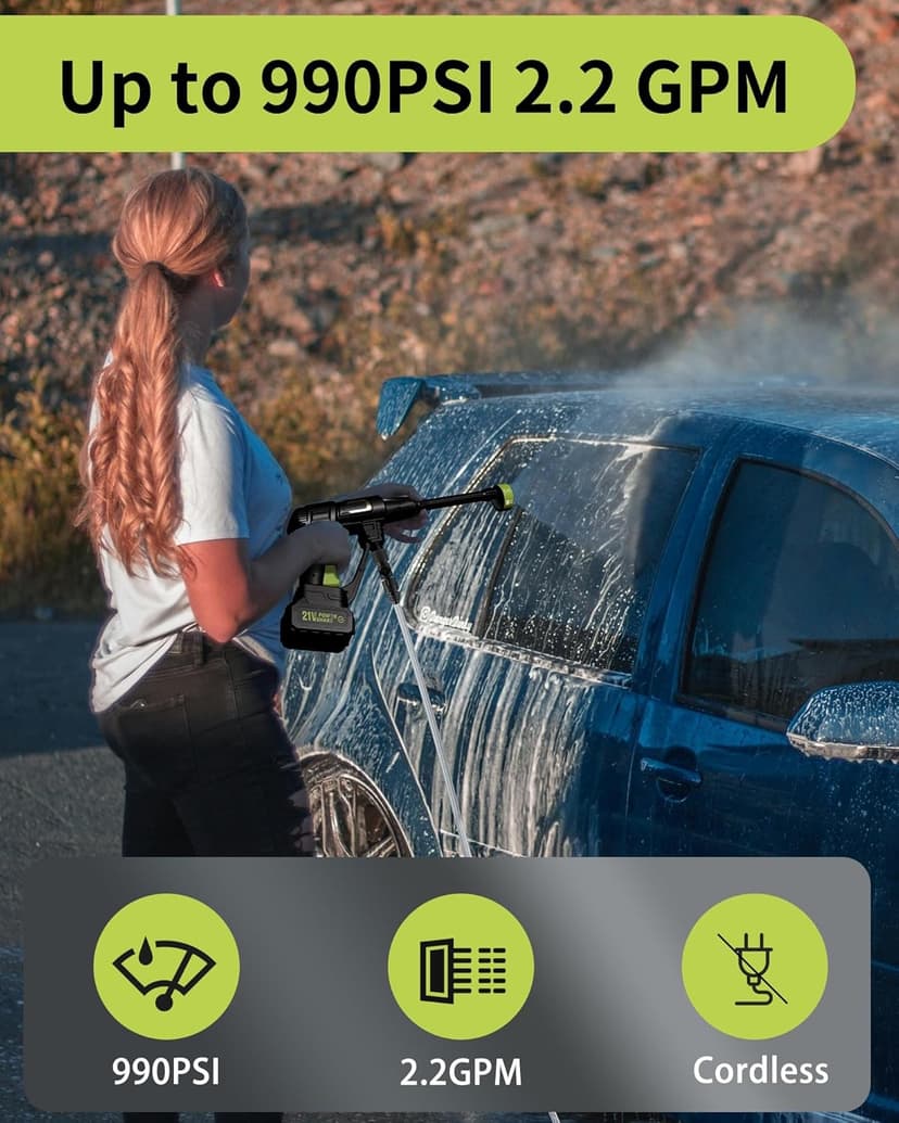 Cordless Pressure Washer Battery Powered; 990 PSI Cordless Power Washer with 4.0Ah Battery&Charger & 6-in-1 Nozzle; Portable Power Washer Cordless for Home; Battery Pressure Washer for Car Wash, Yard