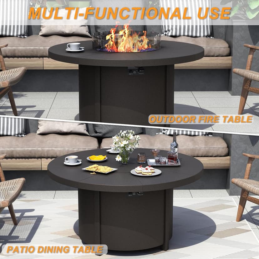 Kurapika Propane Round Fire Pit Table 48in, 40,000 BTU Auto-Ignition Round Gas Fire Pits, CSA Certification, Wider Desktop Round Fire Tables with Windshield, Blue Stone and Lid, for Outside Patio