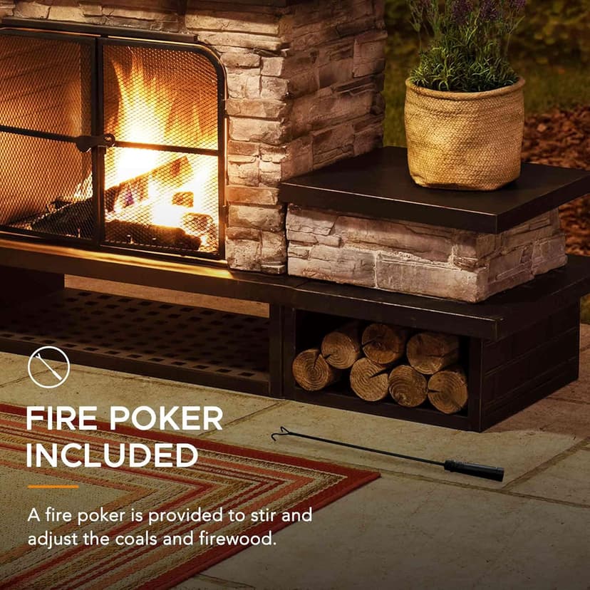 Sunjoy Outdoor Fireplace, Patio Wood Burning Fireplace with Steel Chimney, Mesh Spark Screen Doors, Fire Poker, and Removable Grate, Copper and Black
