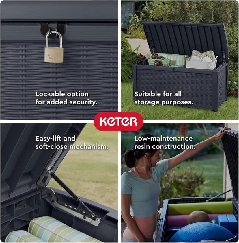 Keter Outdoor Storage Deck Box, 110 Gallon Waterproof Patio Bin, Borneo, Grey