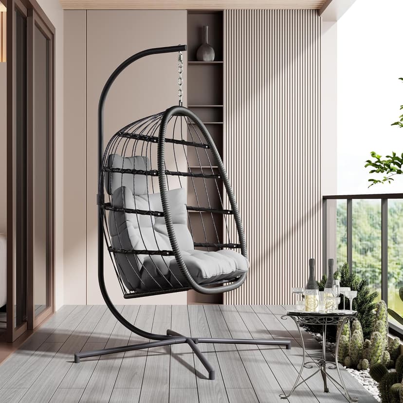 HWB Hanging Egg Chair with Stand, Patio Wicker Hammock Egg Swing Chair with Cushion for Bedroom Garden Indoor Outdoor (Grey)