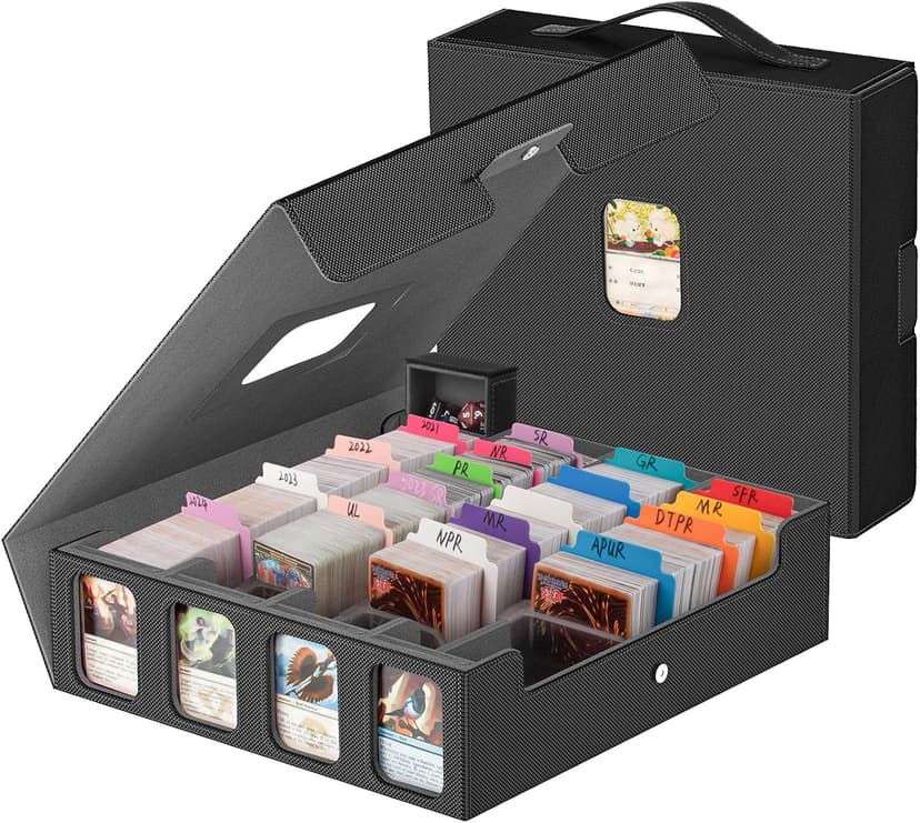 3200+ Trading Card Storage Box with Commander Display, 4-Row Card Deck Box with Portable Handle, Compatible for YuGiOh/MTG/TCG Cards, 30 Colorful Divider, 8 Supporters, 1 Dice Tray (Black & Grey)