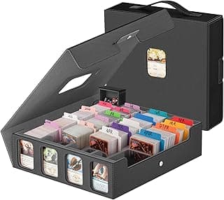3200+ Trading Card Storage Box with Commander Display, 4-Row Card Deck Box with Portable Handle, Compatible for YuGiOh/MTG/TCG Cards, 30 Colorful Divider, 8 Supporters, 1 Dice Tray (Black & Grey)