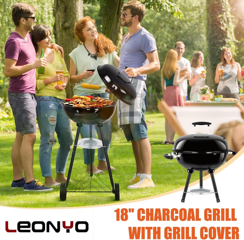 18 Inch Kettle Charcoal Grill, Leonyo Outdoor Barbecue Kettle Grill, Portable Round Smoker with Wheels, Porcelain-Enameled Lid & Fire Bowl, Perfect for Camping/Backyard/Tabletop Cooking/BBQ Party