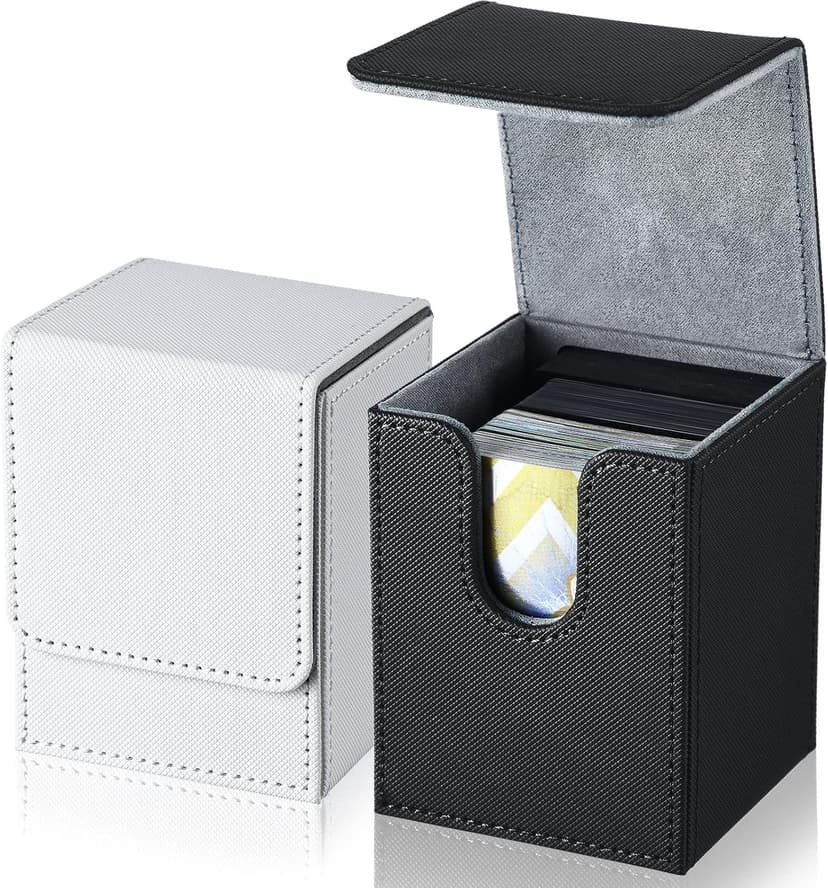 Weewooday 2 Boxes Leather Deck Card Boxes Large Size Fit 100 Plus Sleeved Cards Deck Game for Collectible Playing Compatible with Mtg Tcg(Vertical,White, Black)