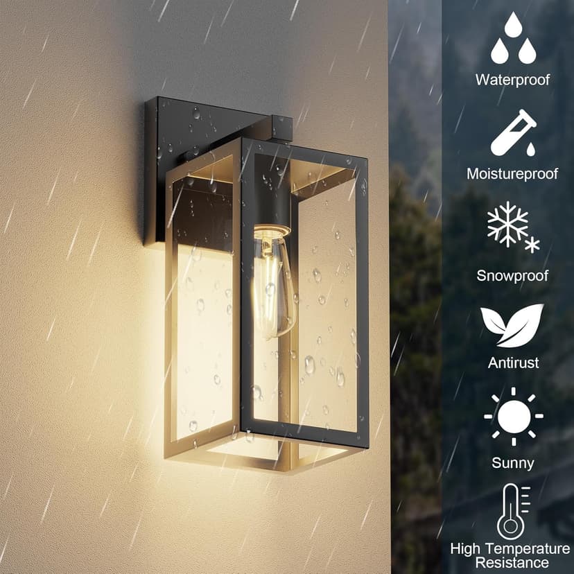 Porch Wall Lights Outdoor, Waterproof Lanterns with Frame and Clear Glass Shade, Exterior Front Porch Light Matte Black Wall Sconce, Modern Mounted Lighting for Patio Entryway Hallway