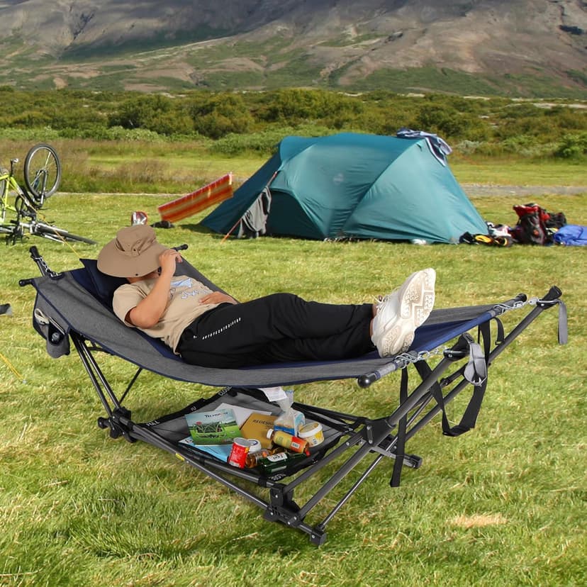 RedSwing Portable Folding Hammock with Stand,Foldable Camping Hammock with Removable Pillow,Storage Net,Foldable Lounge Camping Bed for Adults for Outdoor,Backyard,Beach,Garden,Lawn