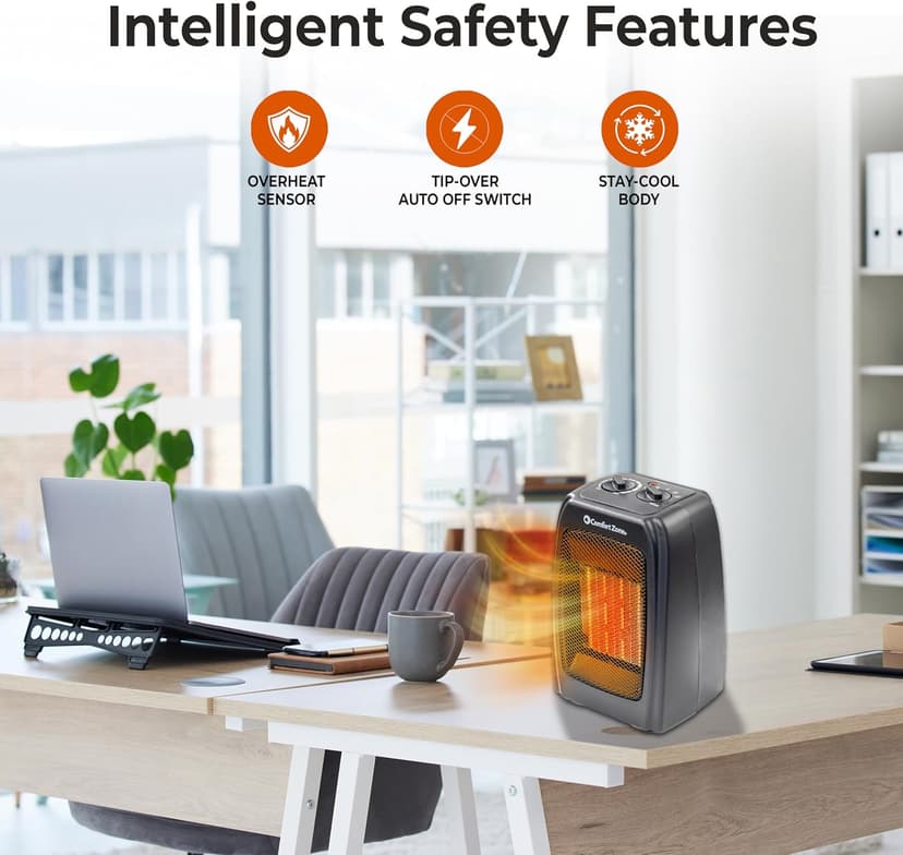 Comfort Zone CZ442E Personal Energy Save Ceramic Heater - 1500W Portable with Adjustable Thermostat, Tip-Over Switch & Overheat Protection, Black