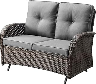 Outdoor Glider Bench Patio Loveseat - 500 Lbs Weight Capacity 2 Seater Wicker Sofa, Small Porch Glider Furniture All Weather Rattan Couch with Removble Cushion for Balcony Deck Backyard, Brown