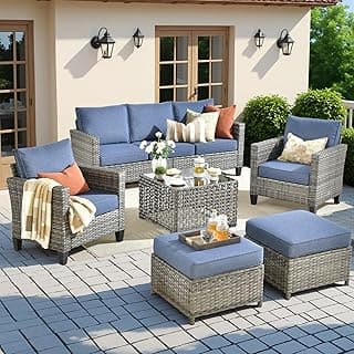 6 Pieces Patio Furniture Set Outdoor Wicker Conversation Sets with Solar Light Coffee Table Outdoor Rattan Furniture with Ottoman for Balcony Backyard Pool Garden Lawn