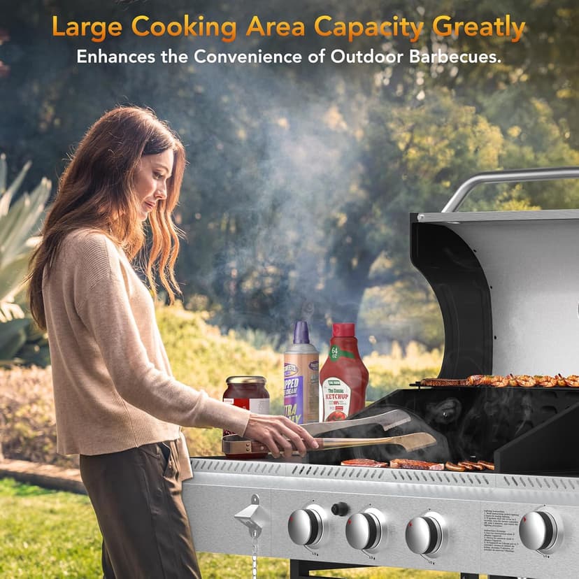 3-Burner Propane Gas Grill with Side Burner,Stainless Steel BBQ Grill with Porcelain-Enameled Cast Iron Grates,37000 BTU Barbecue Grill, Suitable for Patio,Camping,Outdoor Cooking