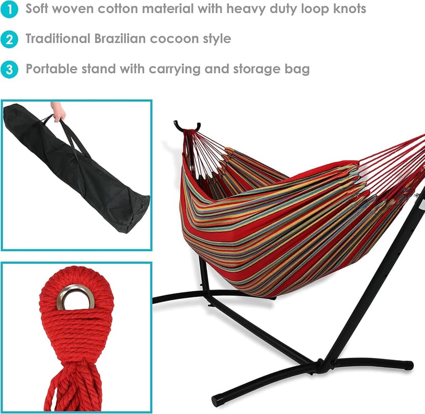 Sunnydaze Double Brazilian Hammock with Stand and Carrying Case - 400-Pound Capacity - Black Stand - Sunset