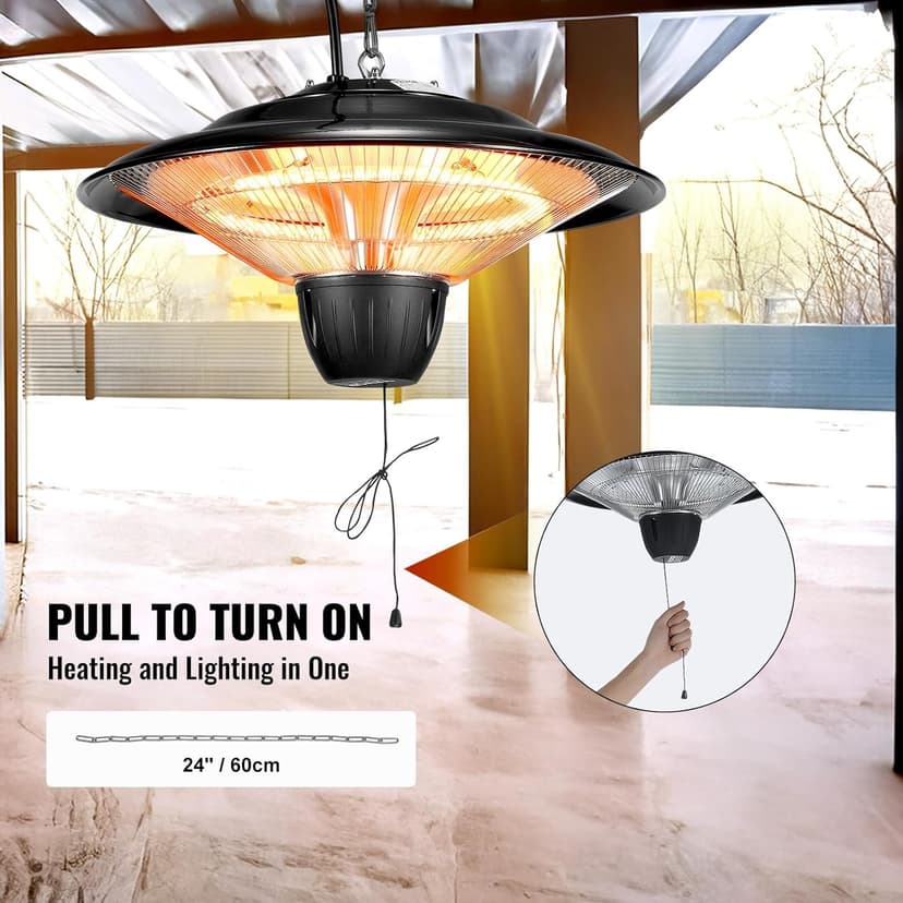 VEVOR Hanging Patio Heater, 1500W Outdoor/Indoor Electric Space Infrared Heater, IP34 Protection Ceiling Heater with 23.6 inch Pull Cord & 20 inch Adjustable Chain, for Porch,Patio,Dining Room,Studio