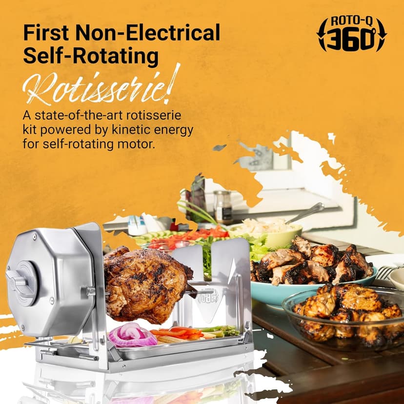 Cordless Universal Rotisserie Kit for Grills Ovens and Smokers - Non-Electric Wind-up Spit Roaster, Gas or Charcoal BBQ - Indoor/Outdoor (Stainless Steel)