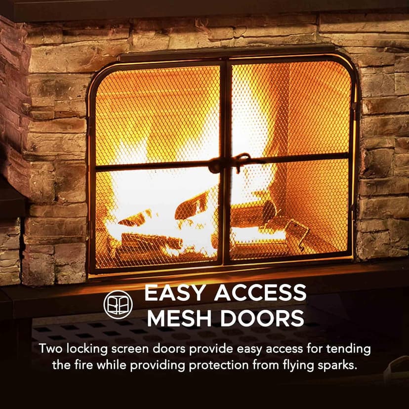 Sunjoy Outdoor Fireplace, Patio Wood Burning Fireplace with Steel Chimney, Mesh Spark Screen Doors, Fire Poker, and Removable Grate, Black