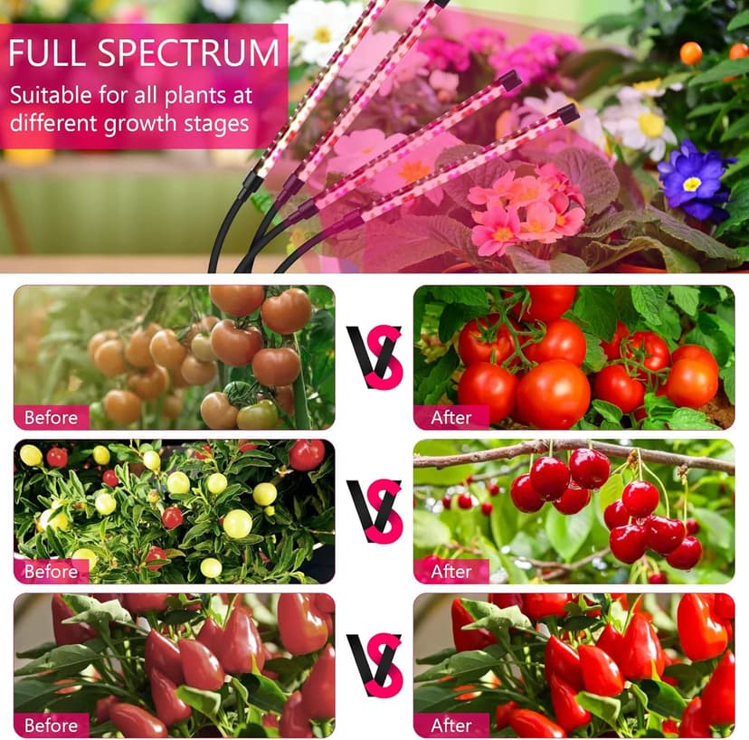 Grow Lights for Indoor Plants, Four Head LED Grow Light with Full Spectrum, Red White Spectrum for Indoor Plant Lamp, Adjustable Gooseneck, Suitable for Vegetation
