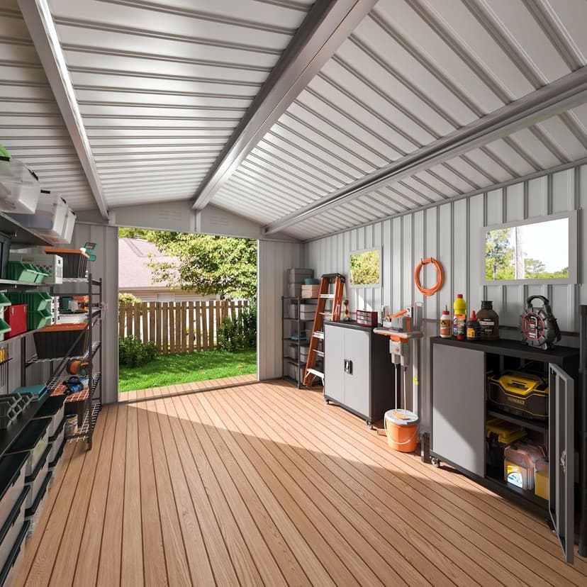 8x12 FT Outdoor Storage Shed, Metal Garden Tool Shed with Updated Frame Structure, Lockable Doors and Windows, Ideal for Backyard Garden Patio Lawn, Grey
