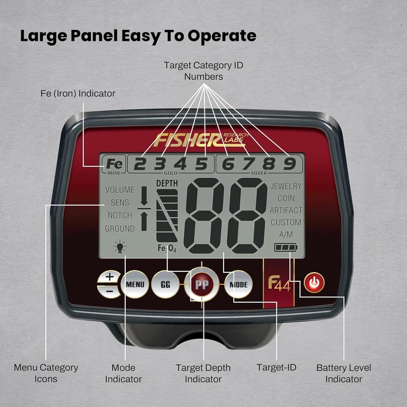 Fisher F44 Metal Detector with Weatherproof Design, Large LCD Display, and Sensitive Detection Features, Ideal for Both Beginners and Experienced Treasure Hunters Seeking Reliable Performance.
