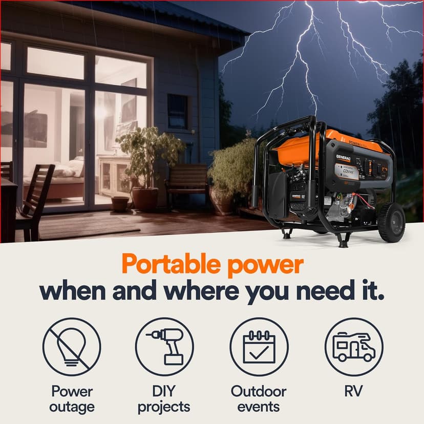 Generac 8,000-Watt Gas-Powered Portable Generator - Electric Start with COsense - PowerRush Advanced Technology - Reliable Power for Emergencies, Recreation, Home - 49 State Compliant - Orange/Black