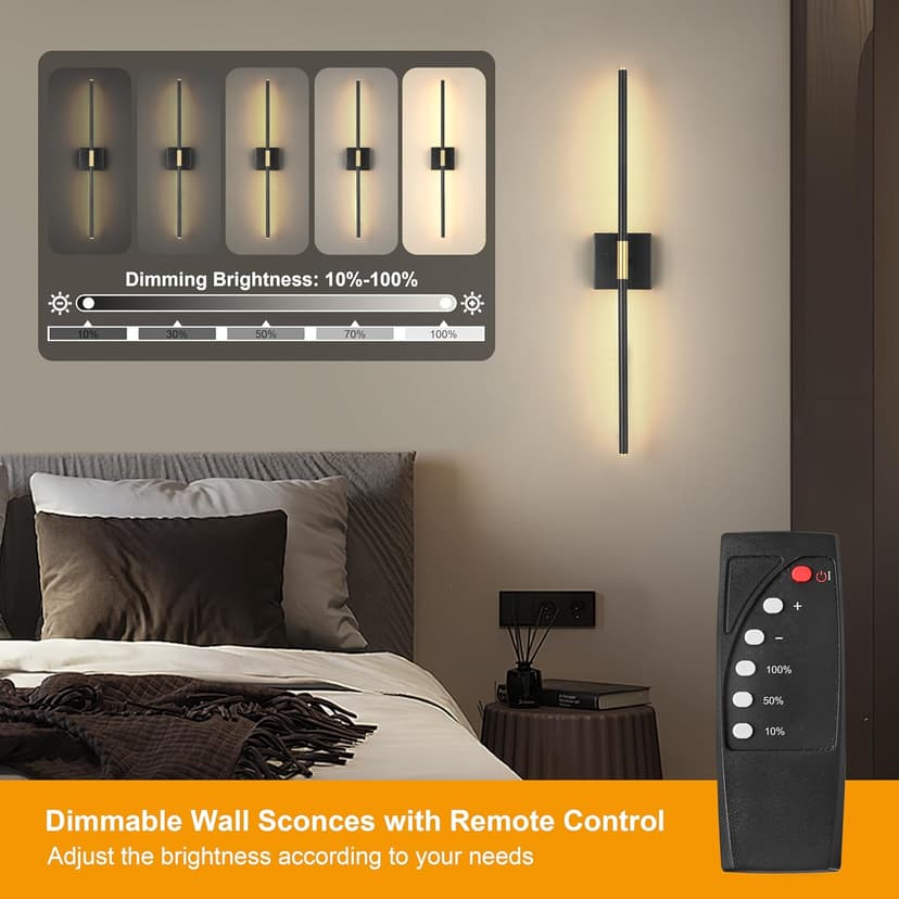 Battery Operated Wall Sconces Set of 2, Dimmable Battery Wall Sconce with Remote Control, Black Gold LED Rechargeable Sconces, 24 Inch Modern Wireless Wall Lights for Bedroom, Living Room