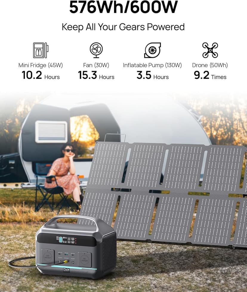 Solar Generator 600W(Surge 1200W) DaranEner Portable Power Station with 100W Solar Panel, 576Wh LFP Battery, <10 MS UPS/ 1 Hour Fast Charging for Home, Camping & RVs, Off-grid Power Outage, CPAP