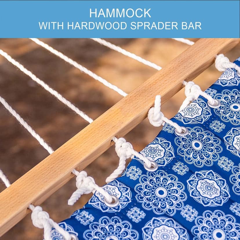 Lazy Daze Hammocks 12 FT Double Quilted Fabric Hammock with Spreader Bars and Detachable Pillow, 2 Person Hammock for Outdoor Patio Backyard Poolside, 450 LBS Weight Capacity, Blue Floral,HM003648