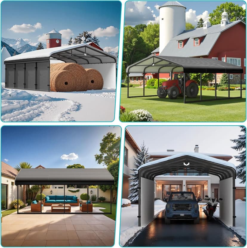 Metal Carport,Car Ports 20x20 Heavy Duty Metal for Snow,Car Tent Garage with Galvanized Metal Roof,Outdoor Two Car Carport All Weather with 2 PE Sidewalls