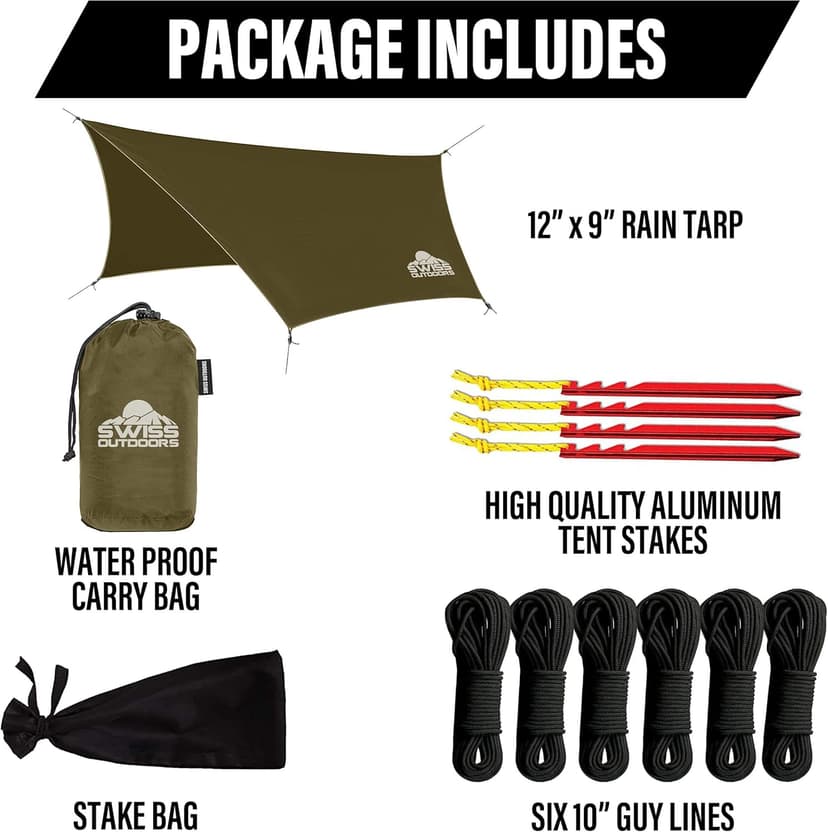 Rain Fly Tarp | Waterproof Tent Shelter Canopy | Lightweight Easy Setup for Hammock, Backpacking or Camp Gear | Premium Quality 12 x 9 ft |, Green Army