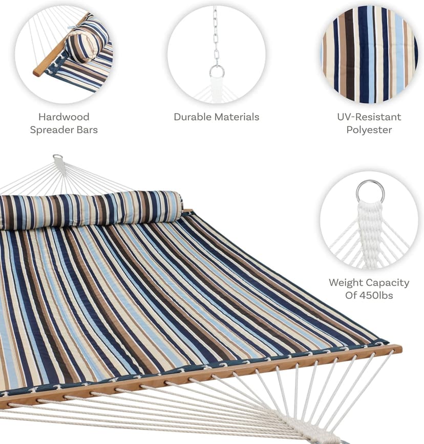 Sunnydaze Quilted Outdoor Hammock with Spreader Bars - Heavy-Duty 450-Pound Capacity Double Hammock for Outside - Ocean Isle