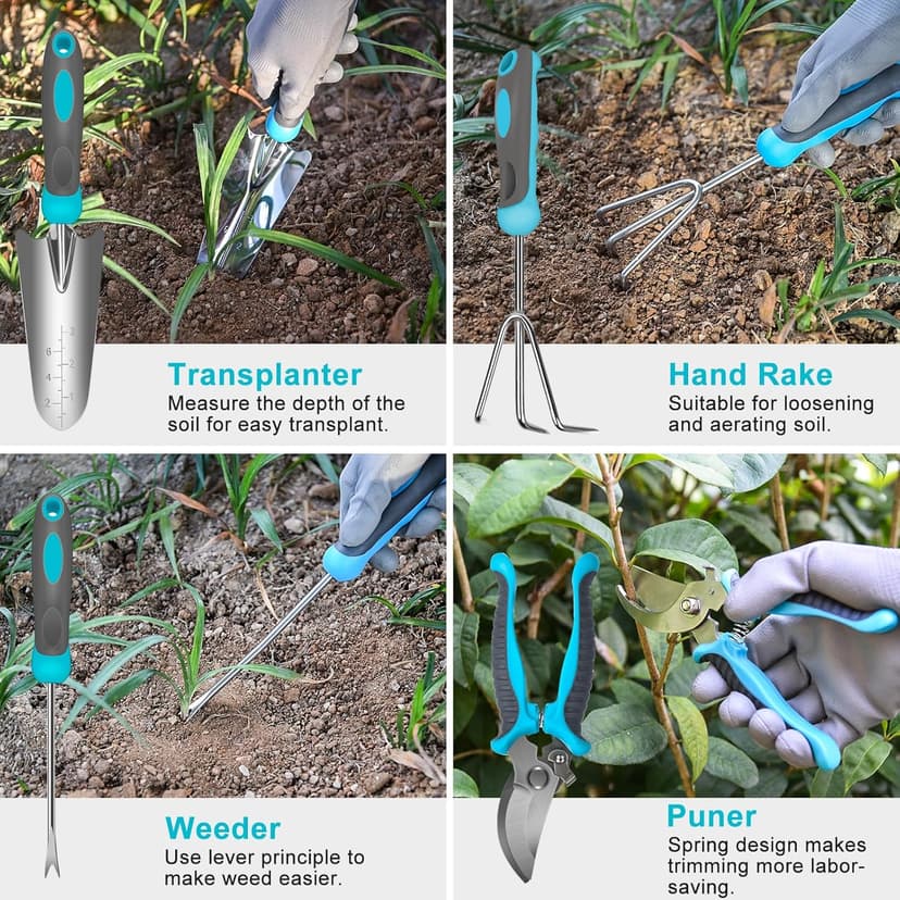 10 Piece Heavy Duty Stainless Steel Garden Tools Set with Ergonomic Rubber Handle. Variety of Gardening Hand Tools for Planting. Ideal Garden Gifts
