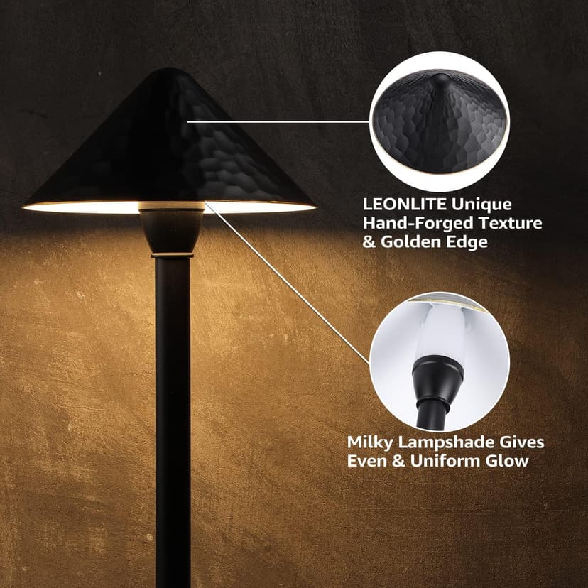 LEONLITE 12-Pack Low Voltage Pathway Lights, 3W 12-24V AC/DC CRI90+ Low Profile LED Landscape Path Lights, Cone Head with Vintage Texture & Vintage Golden Edge, IP65 Waterproof, Black Aluminum Housing