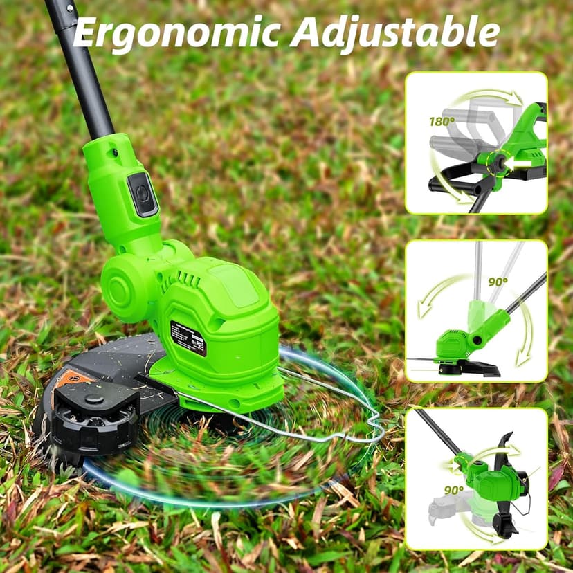 12-inch 20V Cordless String Trimmer with Charger, 2 X 2.0Ah Battery Powered Grass Mover with Auto Line Feed, 2 in 1 Lawn Edger with 8 Pcs Grass Cutter Spool Line and 2 Spool Cap, Green