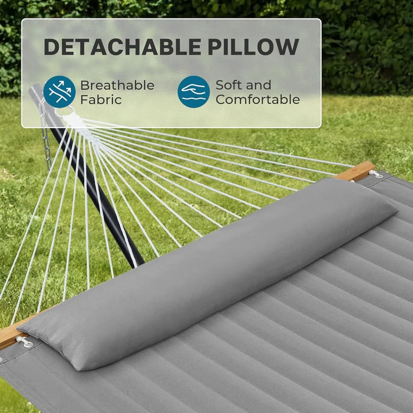 SUPERJARE Hammock with Stand, 2 Person Quilted Outdoor Hammock, Detachable Pillow & Bamboo Spreaders, Portable Hammock with Carrying Bag, Heavy Duty Stand, Perfect for Outside, Patio, Gray