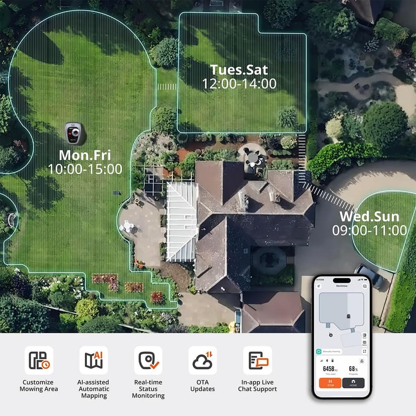 Segway Navimow i105N Robot Lawn Mower Perimeter Wire Free 1/8 Acre RTK+Vision Robotic Lawnmower, AI-Assisted Mapping, Virtual Boundary, APP Control, 58dB(A) Quiet, Multi-Zone Management