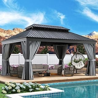 Aoxun 12' X 16' Permanent Hardtop Gazebo Aluminum Gazebo with Galvanized Steel Double Roof for Patio Lawn and Garden, Curtains and Netting Included, Grey