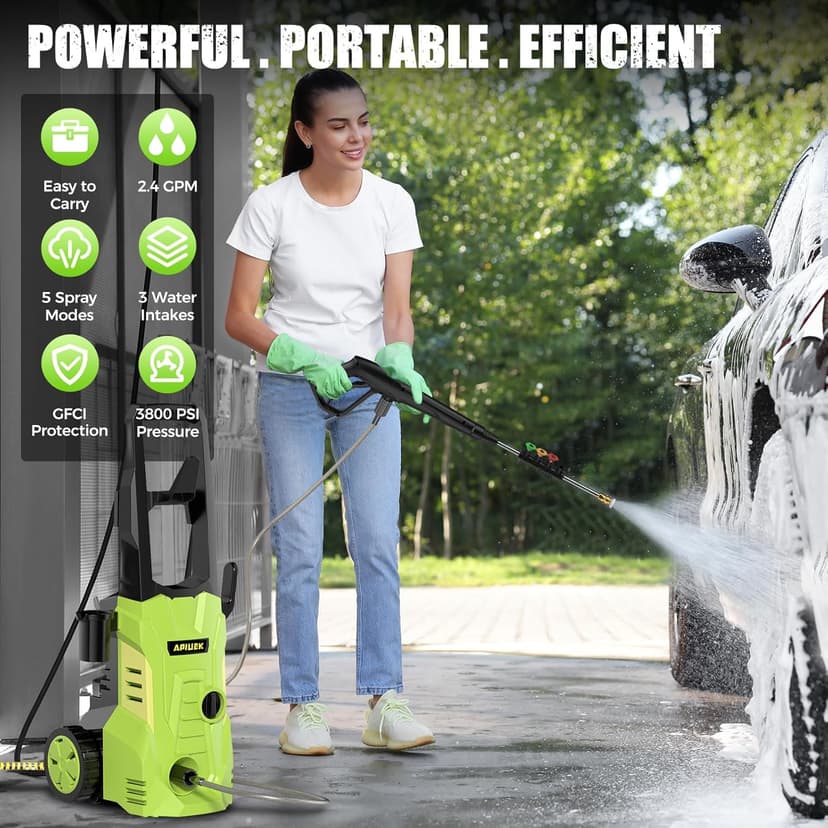 Electric Pressure Washer - GUIFIN Portable Power Washer with Soap-Adjustable Tank, Steel Spray Wand, 4 Pressure Tips, 6.6 FT Inlet & 23 FT Outlet Hose, 3800PSI & 2.4GPM, for Patio/Car/Driveway/Fence