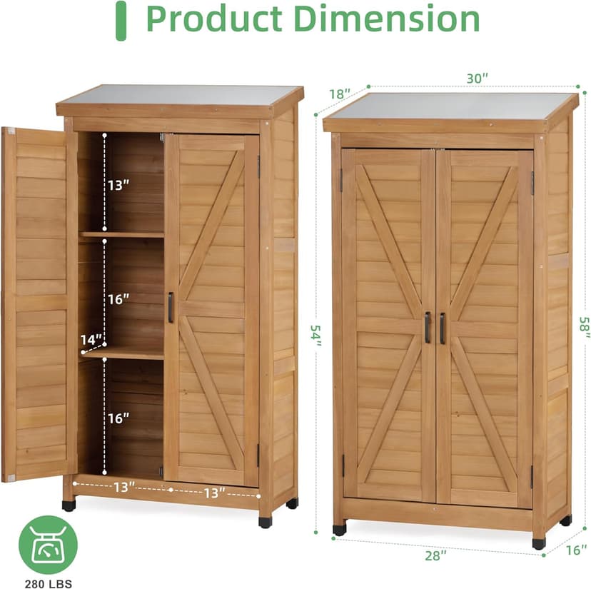 58''x30''x18'' Outdoor Wooden Storage Shed with Metal Top Tall Vertical Tool Cabinet for Backyard Garden Patio Lawn (Gold)