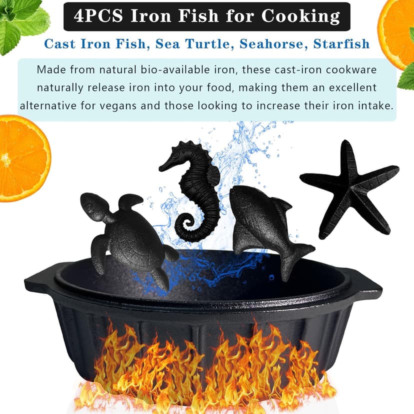 Small Cast Iron Smoker Roaster for Grill & Cast Iron Fish, Sea Turtle, Seahorse, Starfish, Combination Natural Iron Grill-Smokers Garlic Roaster, Enhance The Flavor of Butter Garlic Sauce, Soup