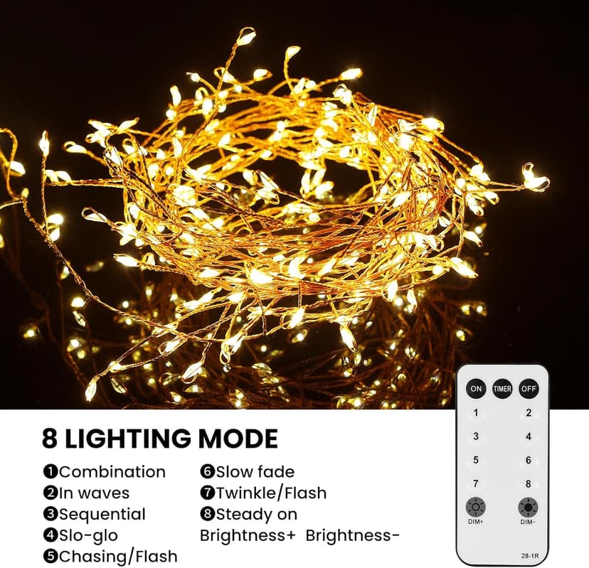 Dailyart Fairy Lights Plug in, 200 Led Twinkle String Light with Remote 10Ft 8 Modes Warm Cluster Lights with Timer for Bedroom Wreath Party Window Wedding Christmas Tree Decoration Gold Wire