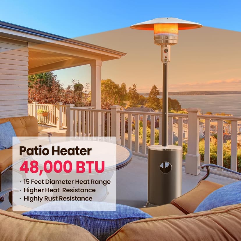 PAMAPIC 48000 BTU Patio Heater, Outdoor Propane Heater 2 in 1 Table Design, Double-Layer Stainless Steel Burner, Wheels, Triple Protection System, Outdoor Heater for Home and Residential,Black