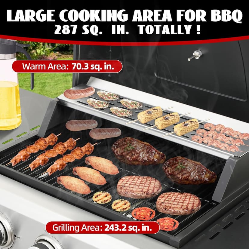 3-Burner Propane Gas Grill with 2 Foldable Side Tables, 25,650 BTU Outdoor BBQ Grill with Porcelain-Enameled Flame Tamers, Built-in Thermometer, Easy Assembly for Patio, Backyard BBQ