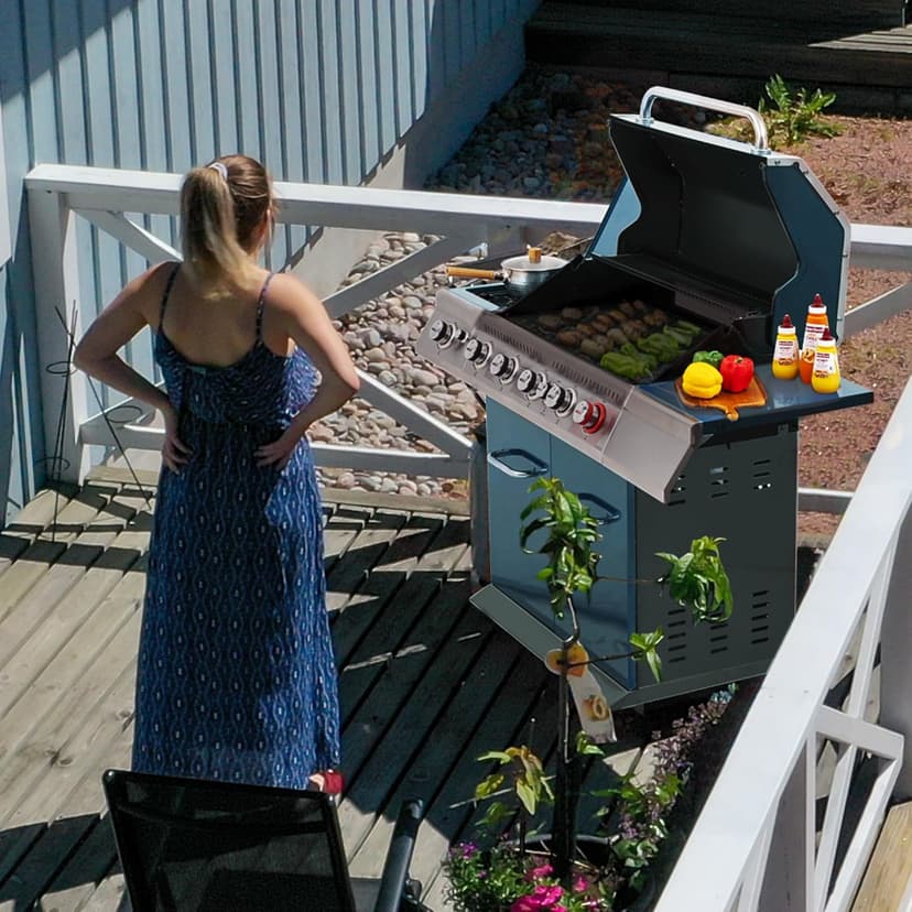Royal Gourmet GA5403B 5 Burner Propane Gas Grill with Side Burner & Rear Burner, Cabinet Style Design BBQ Grill with 74,000 BTUs Output for Barbecue Grilling & Backyard Cooking, Blue