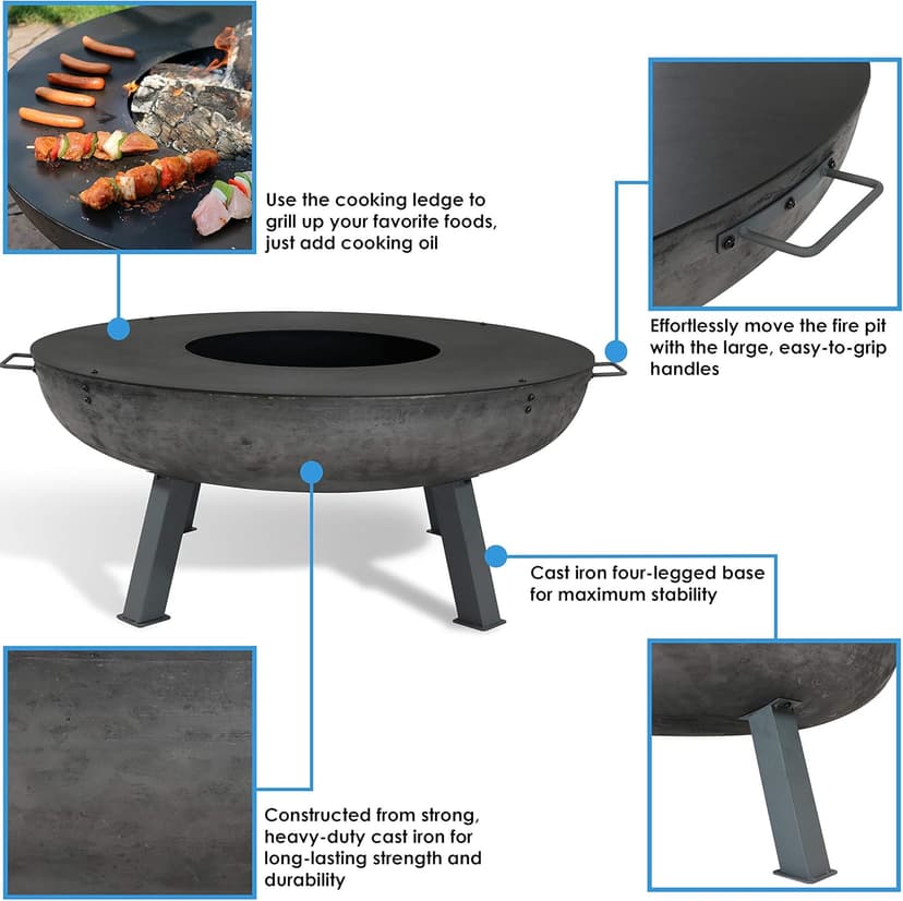 Sunnydaze 40-Inch Cast Iron Fire Pit Bowl with Cooking Ledge - Wood Burning