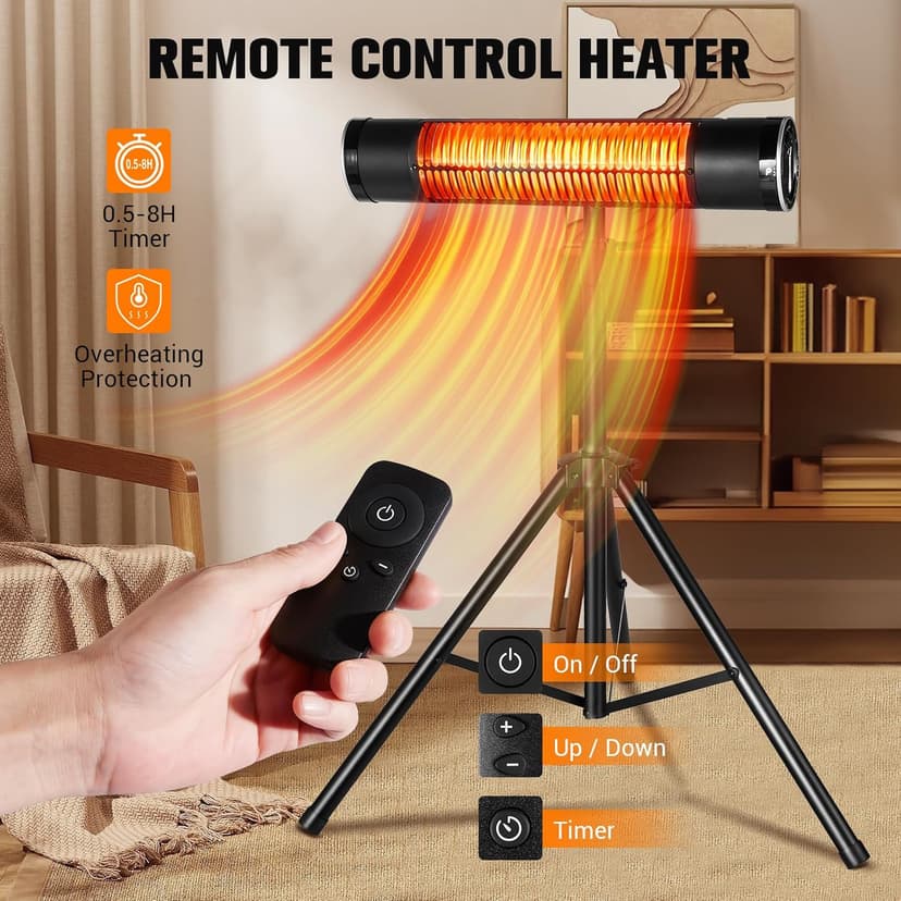 Outdoor Electric Heater, 1500W Outdoor Heaters for Patio, Tripod Mounted Infrared Heaters with Remote, Radiant Patio Heater with 3 Heat Settings, 8H Timer for Outdoor, Garage, Yard