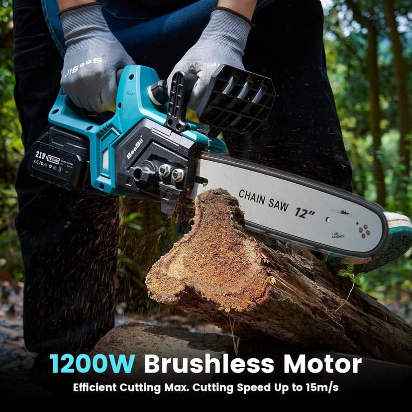 Seesii Chainsaw Cordless 12-inch, Electric HandHeld Chain Saw, 12-in Portable Chainsaw Battery Powered Saws for Trees Wood Cutting, 2 * 4.0Ah Battery and Charger Included, CH1200+